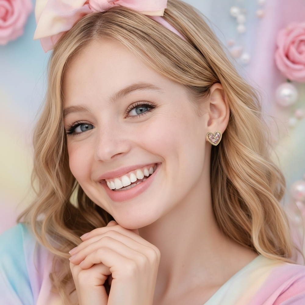 Confetti Heart Stud Earrings Gold Tone Multicolor Glitter Hypoallergenic Cute - Picture 8 of 12
